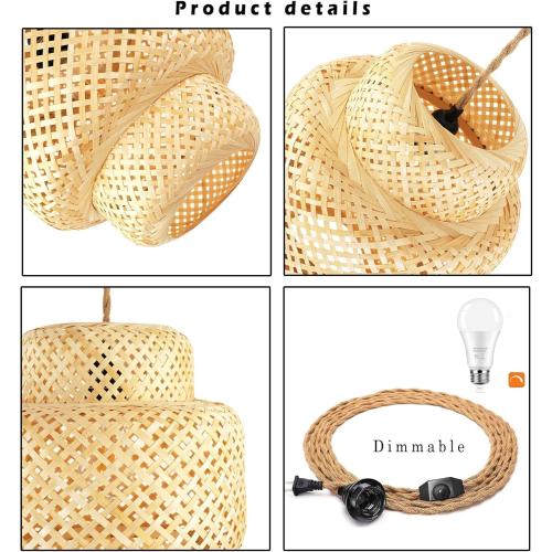Plug in Pendant Light Rattan Hanging Lights with Plug in Cord Bamboo Hanging Lamp Dimmable,Handmade Woven Boho Wicker Basket Lamp Shade,Plug in Ceiling Light Fixture for Living Room Bedroom Kitchen