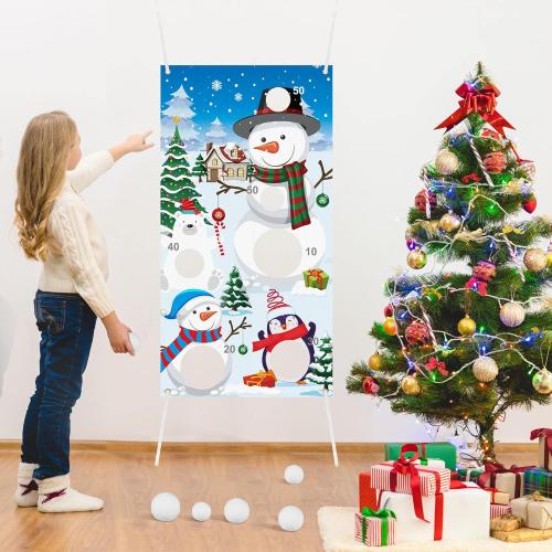 Elcoho 22 Pieces Snow Toss Games Banner Snow Toy Ball Set Winter Toss Cornhole Games Banner with Snow Toss Balls and Drawstring Bag for Xmas Indoor Outdoor Throwing Games Party Supplies