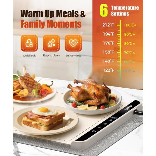 Extra Large Food Warming Mat with Heat-Resistant Pad, 36X15 Inch, 6 Temperature & 6 Timer Settings, Child Lock Safety, Fits More Dishes for Family Dinners and Parties