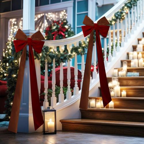 2Pcs Large Christmas Velvet Burgundy Bows13'' x 45''Christmas Front Door Bows with Long Tail Ribbon Xmas Tree Topper Holiday Wreaths Decor Stair Garland for Mantel Fireplace Porch