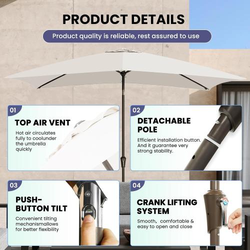 White Ayge 6.5x10FT Rectangular Patio Umbrella Outdoor Table Umbrella w/Push Button Tilt & Crank Rectangle Market Umbrella UV Protection for Garden,Deck,Lawn,Yard & Pool,White