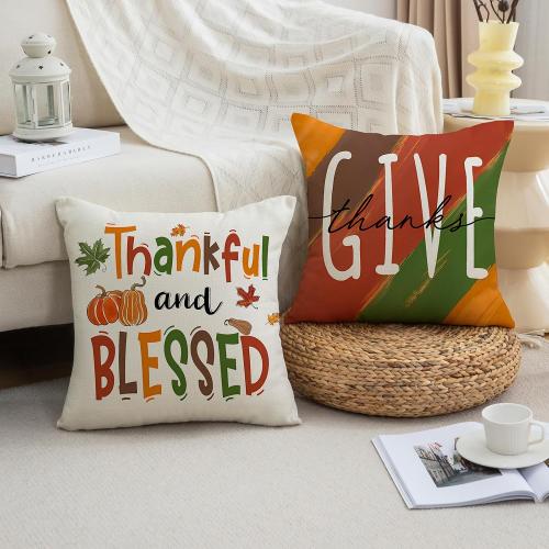 Thanksgiving Turkey Pumpkin Throw Pillow Covers 18 x 18 Set of 4 Give Thanks Cushion Case for Autumn Home Outdoor Sofa Couch Decorations