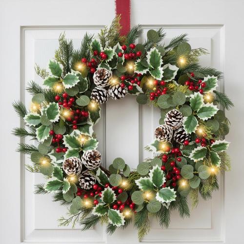 22 Inch Pre-lit Christmas Wreath for Front Door, Artificial Outdoor Christmas Wreath with 50 LED Lights, Real Pine Cones Red Berries Winter Xmas Wreaths for Indoor Porch Party Decorations