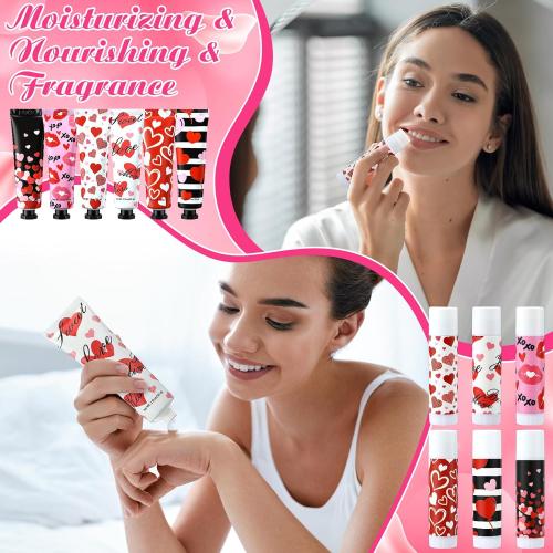 Loopeer 24 Sets Valentine Bulk Gifts Hand Cream and Lip Balm Bulk Set with Organza Bag Red Love Heart Card Galentine Gifts for Valentine Party Favors Stuffers Woman Men Teacher Staff Nurse Coworker
