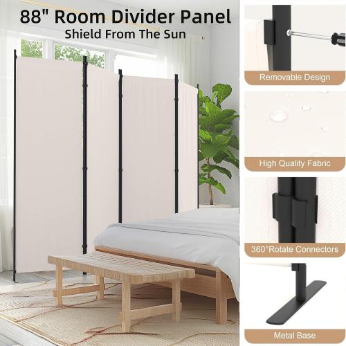 Room Divider 4 Panel Partition Room Dividers & Folding Privacy Screens w/ 3 Metal Feet,88 W Portable Wall Doubles as a Dressing Screen Wall Divider for Office Bedroom Children's Room,White