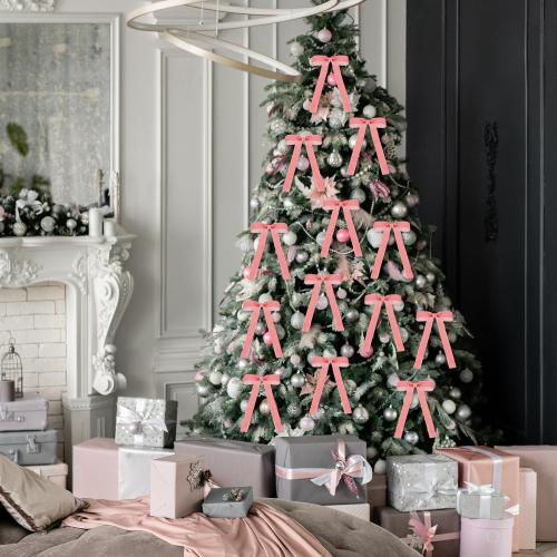 Dusty Pink 24 Pcs Velvet Bows Christmas Tree Ornaments Valentines Day Bows Decoration for Garland Home Coquette Wedding Decor (5 x 7 Inch，Width of 1)