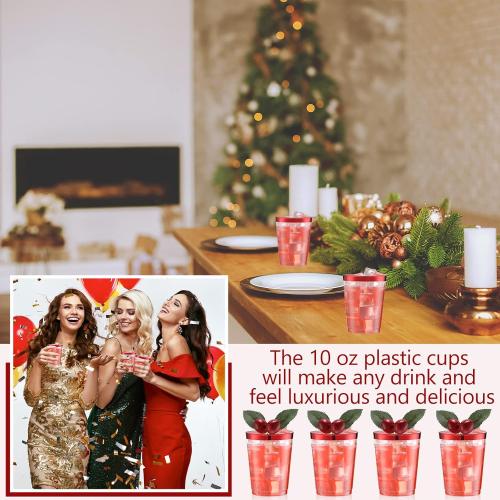 Gerrii 100 Pcs 10oz Plastic Cups Disposable Fancy Rimmed Cups Elegant Clear Drinking Tumblers for Wedding, Birthday, Halloween, Christmas, Graduation Party(Red)