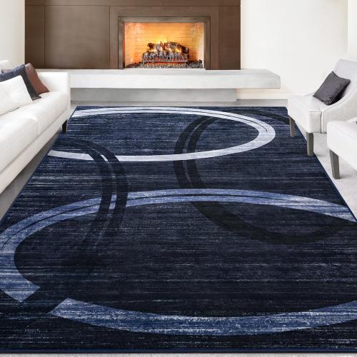 Kimicole 5x8 Large Area Rugs for Bedroom Living Room, Modern Abstract Geometric Washable Rugs, Low Pile Thin Rug, Non-Slip Indoor Wavy Circles Floor Carpet for Office Dining Room Home Decor (Blue)