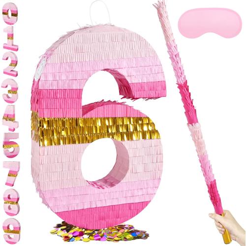 PCFING 20 Inch Number 6 Piñata Pink Gold with 30 Inch Piñata Stick Blindfold Confetti for Boys Girls Adults Birthday Party Decorations, Anniversary Celebration, Fiesta