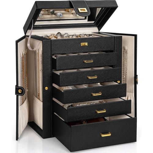 AKOZLIN Jewelry Box Organizer Functional Leather Jewelry Storage Case for Women Girls Ring Necklace Earring Bracelet Holder Organizer with Mirror Black