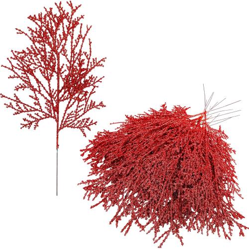 Winlyn 15 Pcs Red Glittered Cedar Sprays Christmas Floral Picks Artificial Cedar Branches Stems Red Christmas Tree Picks 15.4 Tall for Wedding Bouquet Wreath Floral Arrangement Seasonal Centerpiece