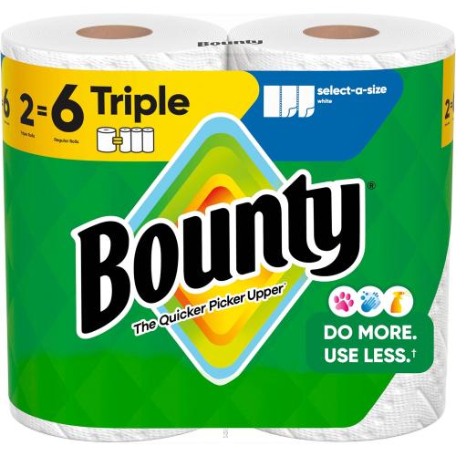 4 Pack Bounty Select-A-Size Paper Towels, White, 2 Triple Rolls = 6 Regular Rolls