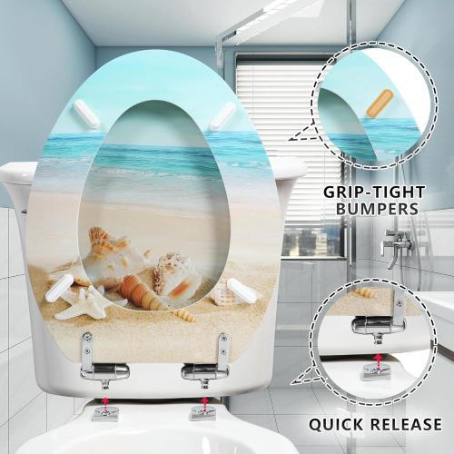 Angol Shiold Elongated Toilet Seat Molded Wood Toilet Seat with Quietly Close and Quick Release Hinges, Easy to Install also Easy to Clean (Elongated, Beach)