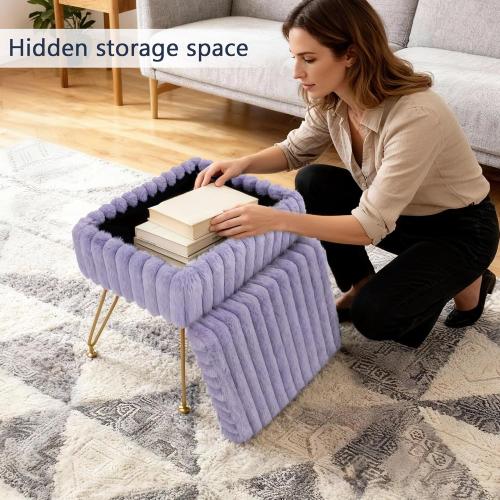 Vanity Stool Chair with Storage, Faux Fur Soft Padded Ottoman with Coffee Table, Modern Vanity Chair Fluffy Footstool with Metal Legs for Makeup, Living Room,Bedroom Purple