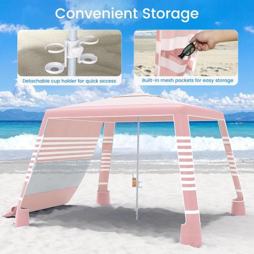 MoKo Beach Cabana, 8'×8' Large Beach Canopy with Side Wall, UPF 50  Protection Easy Setup Beach Tent Sun Shelter, Adjustable Height Wind Resistant Cabana Beach Tent for Whole Family, Pink Stripe