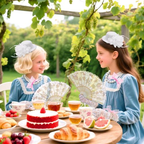ZEAYEA 5 Pcs Girls Tea Party Set, Includes Gloves Hat Necklace Bracelet Fan for Girls Costume, Girl Tea Party Supplies Dress Up Play Set for Playtime Birthday Easter Halloween Accessories