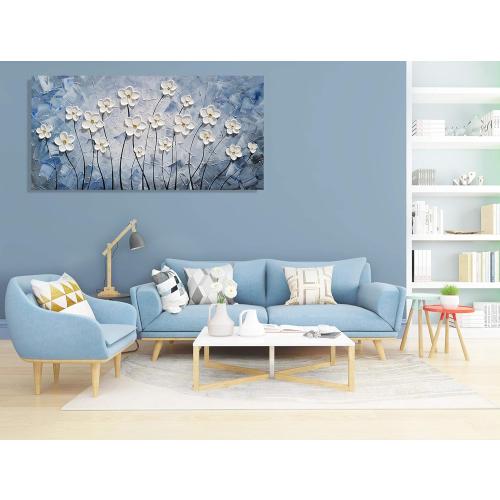YHSKY ARTS 3D Hand - Painted White Floral Wall Art with Printed Blue Background, Textured Flower Decor for Home