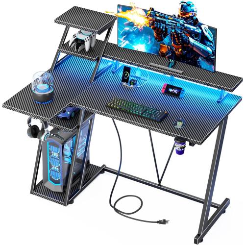 40 Inch Black Carbon Fiber Gaming Desk with LED Lights & Power Outlet, Small Gaming Computer Desk with Storage Shelves, L Shaped Gamer Workstations with Monitor Stand for Bedroom