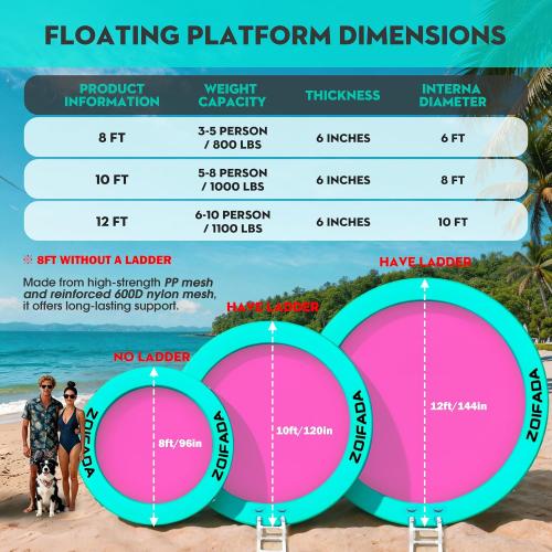 Inflatable Water Hammock Round Floating Ring,8/10/12FT Heavy Duty Pool Float for Adults,Inflatable Tanning Pool Float Island Dock for Lake/River/Ocean,w/Cup Holder,10FT&12FT Include 4-Step Soft Ladder