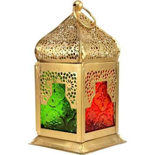 eSplanade Moroccan Lantern | Colored Glass Hanging Lamp | Tealight Holder | Home Decor | Red-Golden - 6.5 Inches (Multi-Golden)