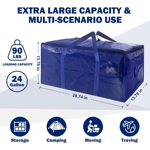 4 Pack Extra Heavy Duty Large Moving Bags with Strong Zipper & Carrying Handles, Sturdy Clothes Storage Bags Totes Bins, Packing Moving Boxes College Supplies, Dark Blue - 24 gal‼️used‼️
