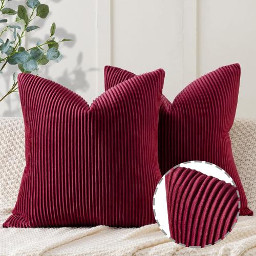 YCOLL Wine Red Pillow Covers 18x18 Set of 2 Velvet Striped Pattern - Soft Throw Pillows for Home Decor, Luxury Decorative Pillow Covers for Couch, Bed,Living Room