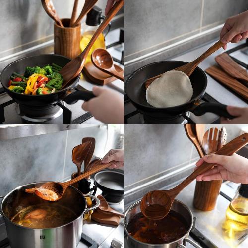 Teak Wooden Utensil Set with Spoon Rest & Hooks - Durable Wooden Spoons for Cooking with Comfort Grip - Effortless Clean, Non-Stick Friendly 8 Pcs