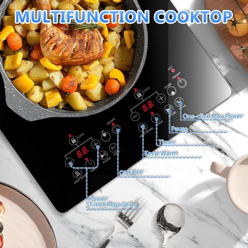 2 Burner Electric Cooktop 2000W, Portable Ceramic Glass Hot Plate 12 Inch, 110V Plug in Electric Stove Top Burner, Built-in & Countertop Burner with Touch Control, 9 Power Levels