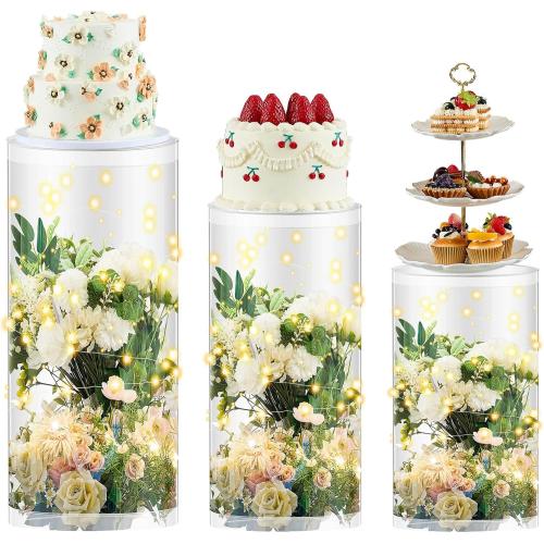 3 Pcs Cylinder Stands for Party, PVC Large Clear Cake Pedestal Stand, Round Reusable Dessert Display Tables for Birthday Wedding Baby Shower Decoration, 35. 4'' H, 29. 5'' H, 23. 6'' H