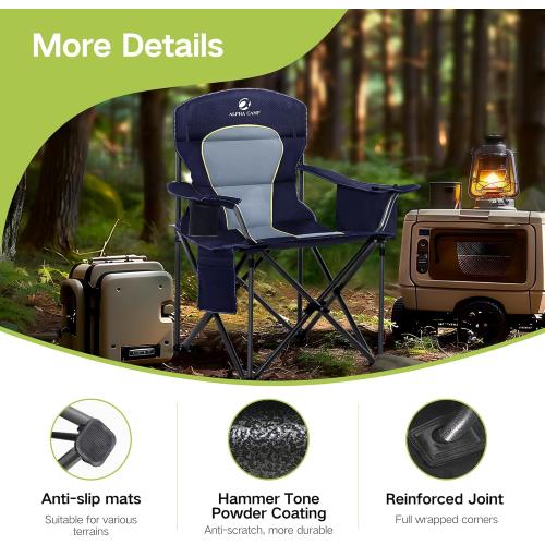 GREEN PARTY Folding Camping Chair Oversized Heavy Duty Lawn Chair with Cooler Bag, Cup Holder, Storage Pocket, Collapsible Padded Outdoor Arm Chair, Quad Lumbar