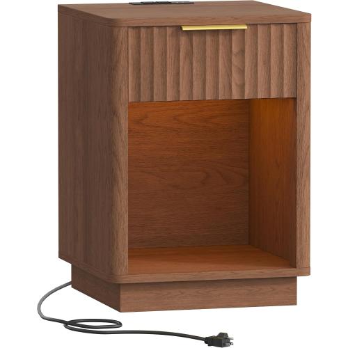 Akxomel Fluted Nightstand, Wooden Night Stand with Charging Station and LED Light, Modern Mid Century End Table with Drawer, 15 D x 15.7 W x 22.6 H, for Bedroom, Walnut