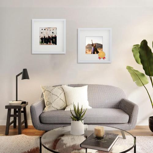 2pcs Shadow Box Frame, 9x9 3D Picture Frame with Cream-Colored Mat for 5x5 Photos, Shadowbox Display Cases with Real Transparent Glass - White/ 1.2 Inch Depth