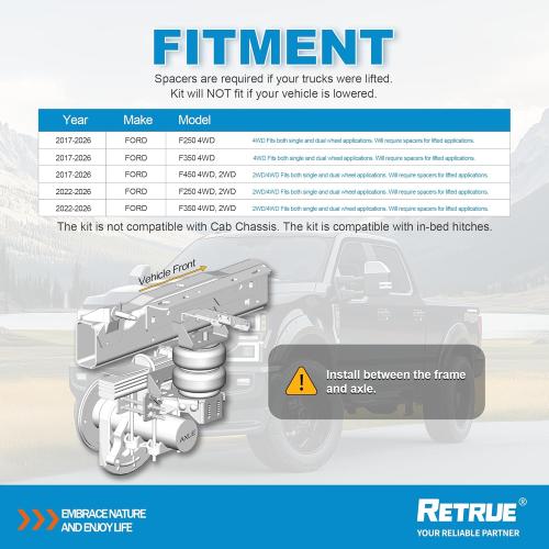 RETRUE Rear Air Bags Suspension Kit for 2017-2026 F250 F350 F450 Truck Towing, 5000 Lbs of Load Leveling Capacity, Replacement for Firestone 2625 Ride Rite Airbags for Trucks Rear Suspension