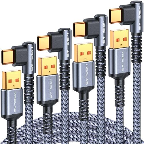 MRGLAS USB C Cable 3.2A【Upgraded 90°& Gold-Plated】, [4-Pack,10 6.6 3.3 1.6FT] Type C Fast Charging Cable Right Angle Nylon Braided USB A to USBC Cord for iPhone 17/16 Samsung S25 Ultra S10 Note 10