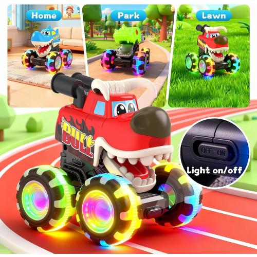 Monster Truck Toys, 3 Pack Light Up Cars for Toddlers, Baby Animal Toy Trucks Dino Cars with LED Lightning Wheels, Press & Go Car with Moving Mouth for Kids Boys Girls Christmas Birthday Gifts