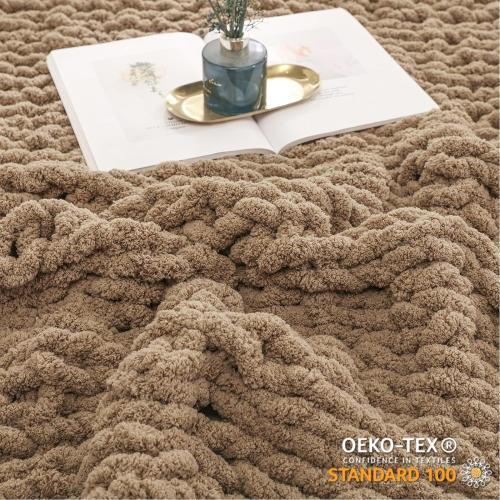 WESHIONGOO Chunky Knit Blanket Throw Knitted Throw Blankets for Couch Bed Fluffy Soft Blanket with Jumbo Chenille Yarn Thick 100% Handmade (Brown)