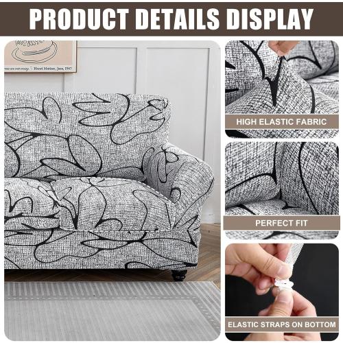 SearchI Stretch Sofa Cover Printed Couch Cover, Floral Pattern 4 Pieces Sofa Slipcover with 3 Separate Cushion Cover, Washable Furniture Protector for Living Room(Sofa, Grey Lotus White)