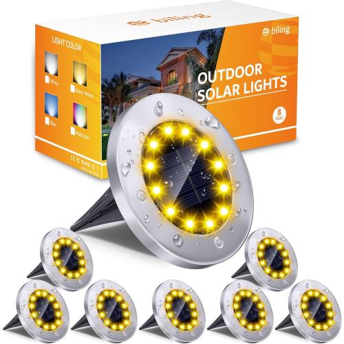 Biling Solar Ground Lights Outdoor 8 Packs, Flat Bright 12 LEDs Solar Lights Outdoor Waterproof for Yard Walkway Garden Driveway (Warm White)