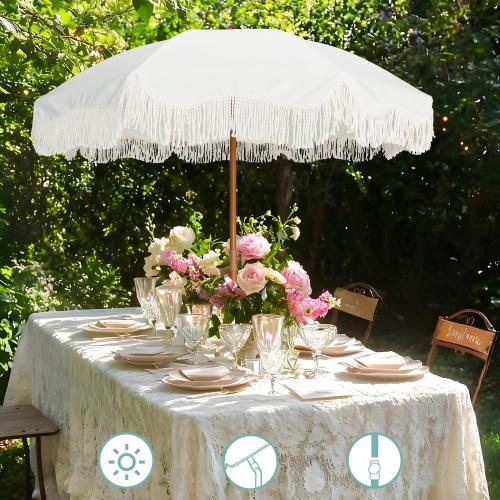 AMMSUN Boho Fringe Umbrella Outdoor Patio, 6.5ft UPF50  Picnic Umbrella with Tassels with Steel Pole and Push Button Tilt, Antique White