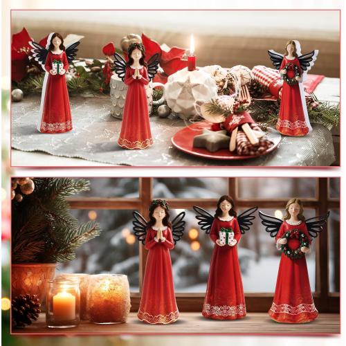 3 Pcs Christmas Angel Figurine Wooden Angel Statues Figurine Christmas Sculpted Wings with Wreath Table Decoration for Xmas Gifts Home Office Decor Party Supplies