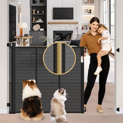 Reinforced 42 Extra Tall Pet Gate 55 Wide Retractable Baby Gate with Support Rods - Retractable Dog Gate Indoor/Outdoor Retractable Gate, Bottom Anti-Escape Tall Dog Gates for Doorways, Black