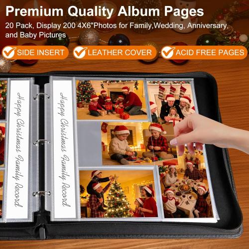 4x6 Photo Album for 3-Ring Binder – Zippered Leather Picture Albums Kit with 20 Page Protectors, Holds 200 Mixed Layout Photos, Large Capacity Family Wedding Anniversary Baby Album Book, Brown