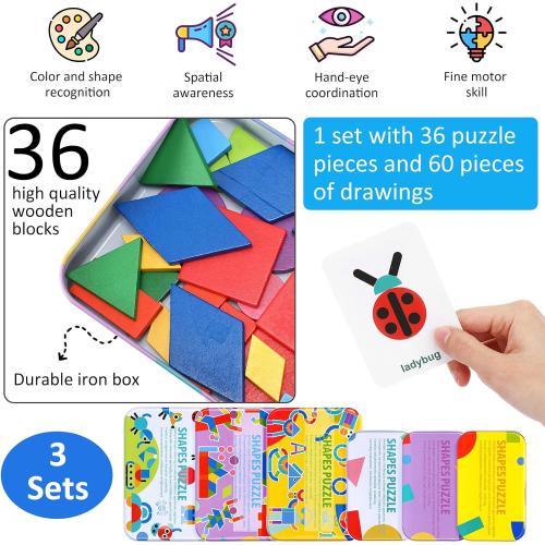 Libima 108 Pcs Open Ended Wooden Shape Puzzles with 180 Pcs Pattern Cards, Wooden Montessori Jigsaw Puzzles Toddlers 3  Years Old STEM Travel Games for Kids Preschool Education Activity Blocks
