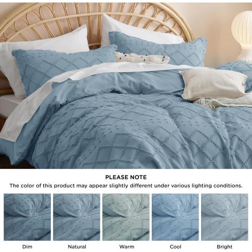 Bedsure Mineral Blue Boho Duvet Cover King, Soft Vintage Embroidery