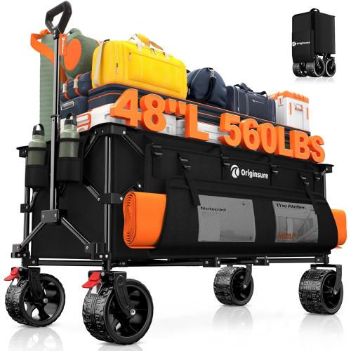 48 L Collapsible Wagon Cart Foldable, 560lbs Weight Capacity 300L Heavy Duty Folding Beach Wagons with Big All-Terrain Wheels, Utility Carts for Groceries, Shopping, Camping, Sports - Black