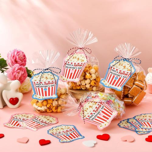 Tenceur 48 Pcs Valentine's Day Popcorn Tag Have a Poppin' Valentine's Day Gift Tags with OPP Bags and Ropes Valentines Labels Card for Popcorn Notecard Exchange Gift School Classroom Party Favors