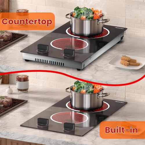 2 Burner Electric Cooktop - 12 Inch Plug in Portable 110V Electric Cook Top Two Burner, Built-in & Countertop Ceramic Stove Top with Knob Control, 9 Power Levels and Overheat Protection