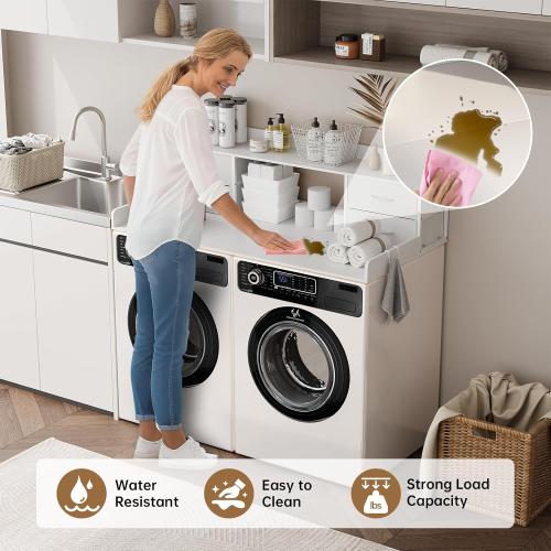 4 Drawers Washer Dryer Countertop with Shelf, 27.5 D x 54 W Laundry Topper with 3.54 High Guardrails and Non-Slip Pads,Extra Storage Organizer for Over Washer and Dryer, Holds 66 Lbs,White