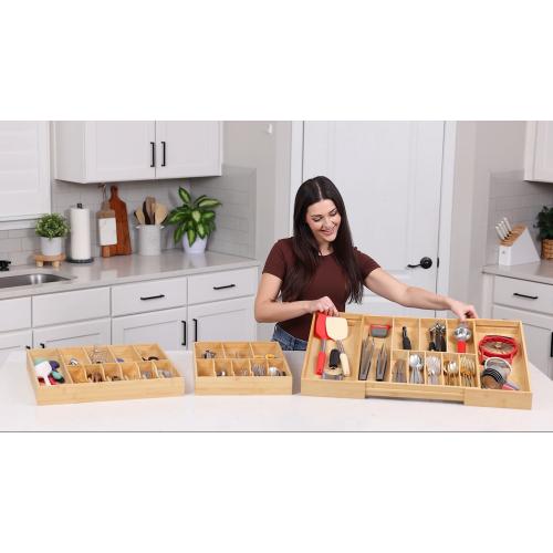 Fabsome Silverware Organizer for Cabinet Drawer, Expandable from 16.7'' to 30'' Wide Bamboo Wood Flatware Tray for Large Kitchen Drawers, Cutlery Utensil Holder