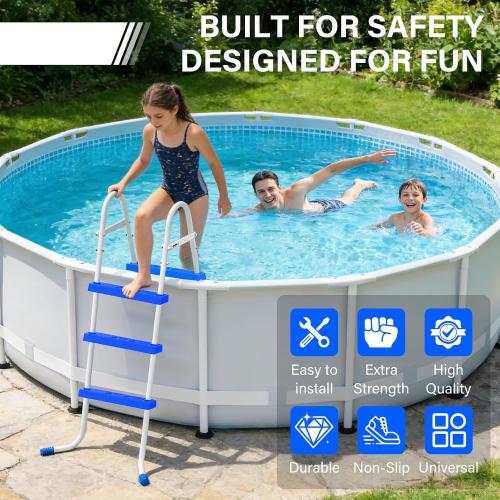 Heavy Duty Steel Frame Swimming Pool Ladder for Above Ground Pools, 3-Step Double-Sided Pool Stairs for 42 Height Pools, 450lbs Capacity with Anti-Slip Rubber Feet & Wide Steps
